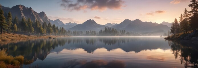 Obraz premium Serene lake scene at sunset with mist rising from the water, surrounded by mountains and trees , mist, water, landscape