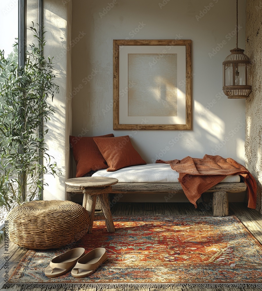 Poster 3d render of a minimally adorned mock-up frame in a close-up shot of a home interior