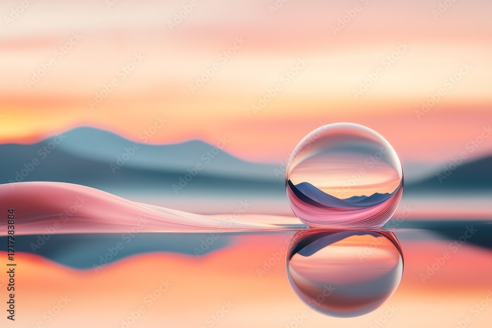Poster a glowing 3d orb suspended in a tranquil digital space, surrounded by gentle waves of light and soot