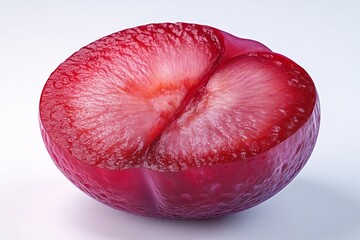 A vibrant, halved red plum showcases its juicy flesh and smooth skin, highlighting its appealing texture and color.