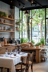 Obraz premium Elegant italian restaurant interior design with table setting and bread display