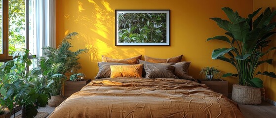 Serene Mustard Yellow Bedroom with Lush Greenery