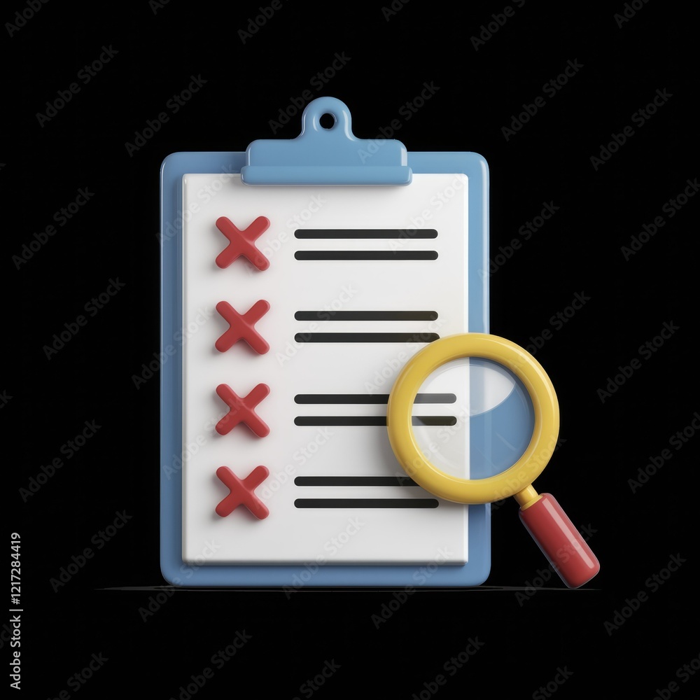Aufkleber a checklist with red crosses on each item next to a magnifying glass.