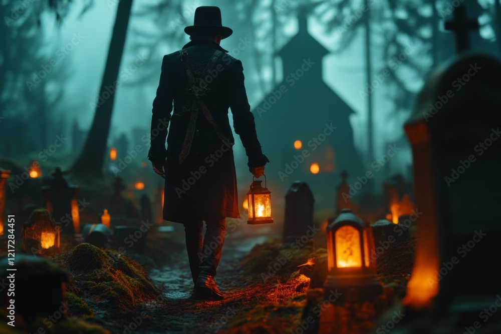 Poster a gothic depiction of a worried figure walking through a shadowy graveyard, their lantern casting fa