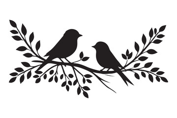 Two Birds Resting on Branch Silhouette Vector Illustration