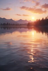 Obraz premium Soft focus watercolor waves on a serene lake at sunset, texture, sunset, calm