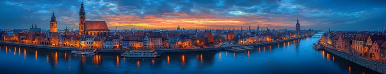 Obraz premium Gdańsk city viewed from above over the Motława river with breathtaking architecture at dusk, Poland