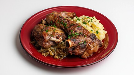 Discover traditional German Eisbein served with sauerkraut and mashed potatoes on a vibrant red plate for a hearty meal