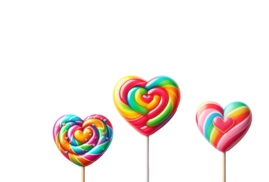 Colorful heart lollipops isolated on a transparent background