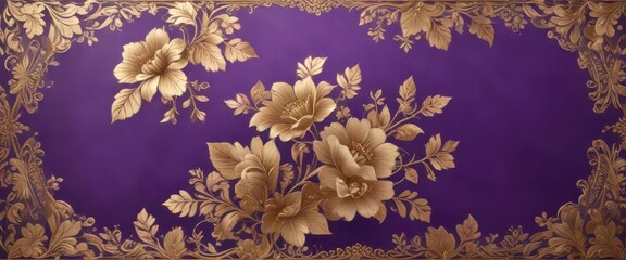 Vintage floral pattern on purple card with intricate golden foil details,  luxury,  card