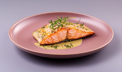 Grilled tasmanian salmon served on a dark pink plate with herb garnish against a muted grey background