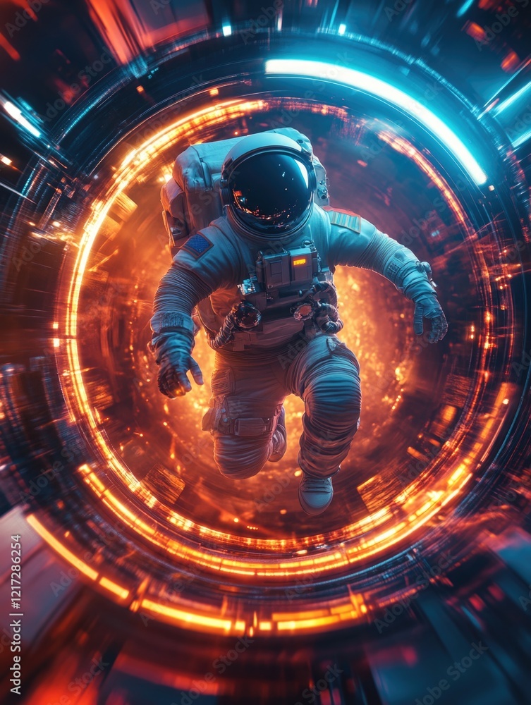 Poster an astronaut in a suit and helmet, surrounded by digital visual effects of outer space.