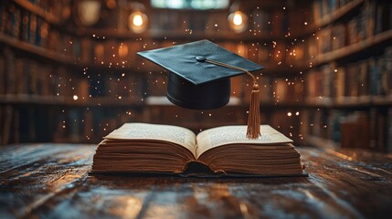 floating graduation cap above open book in enchanting library scene