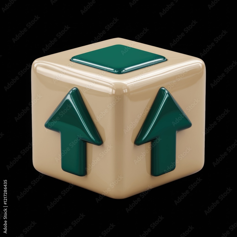 Poster a 3d cube with a green top and two green upward arrows on the sides.