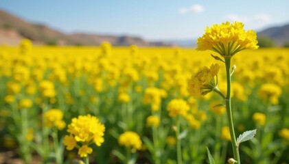 Obraz premium Ferula foetida in a sunny field with yellow flowers and green foliage, desert botanical, arid environment, dry landscape