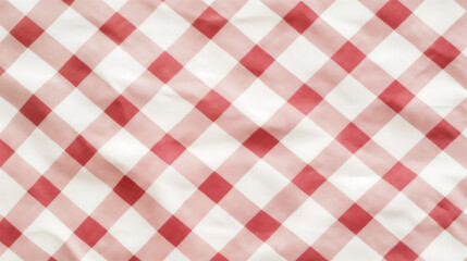 Abstract background, top view of white and red checkered picnic tablecloth, high texture detailing