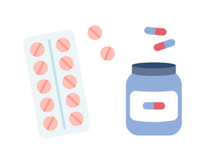 Medicines. Tablets and capsules in a jar and package. Illustration in cartoon flat style.