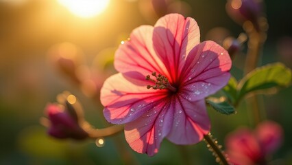 Close-up of a pink flower in a sunlit field	