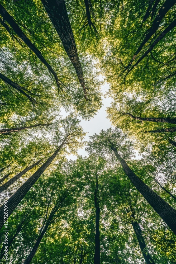 Poster aerial view of a dense forest with tree trunks and green leaves, illuminated by sunlight filtering t