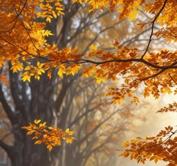 Warm autumn branch with vibrant leaves in shades of orange and yellow branches out towards camera,  nature,  colorful leaves,  seasonal