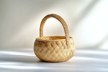 A simple woven basket with a curved handle, placed on a light surface, showcasing a natural and minimalist design.
