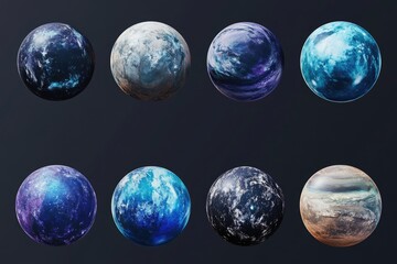 Artistic representation of planets in the solar system with distinct color schemes based on atmospheric conditions.