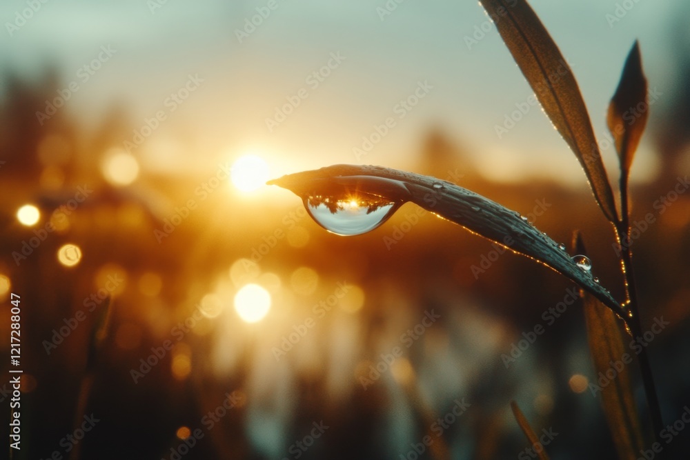 Poster a hyper-realistic close-up of a drop of water resting on a green leaf, with sunlight refracting thro