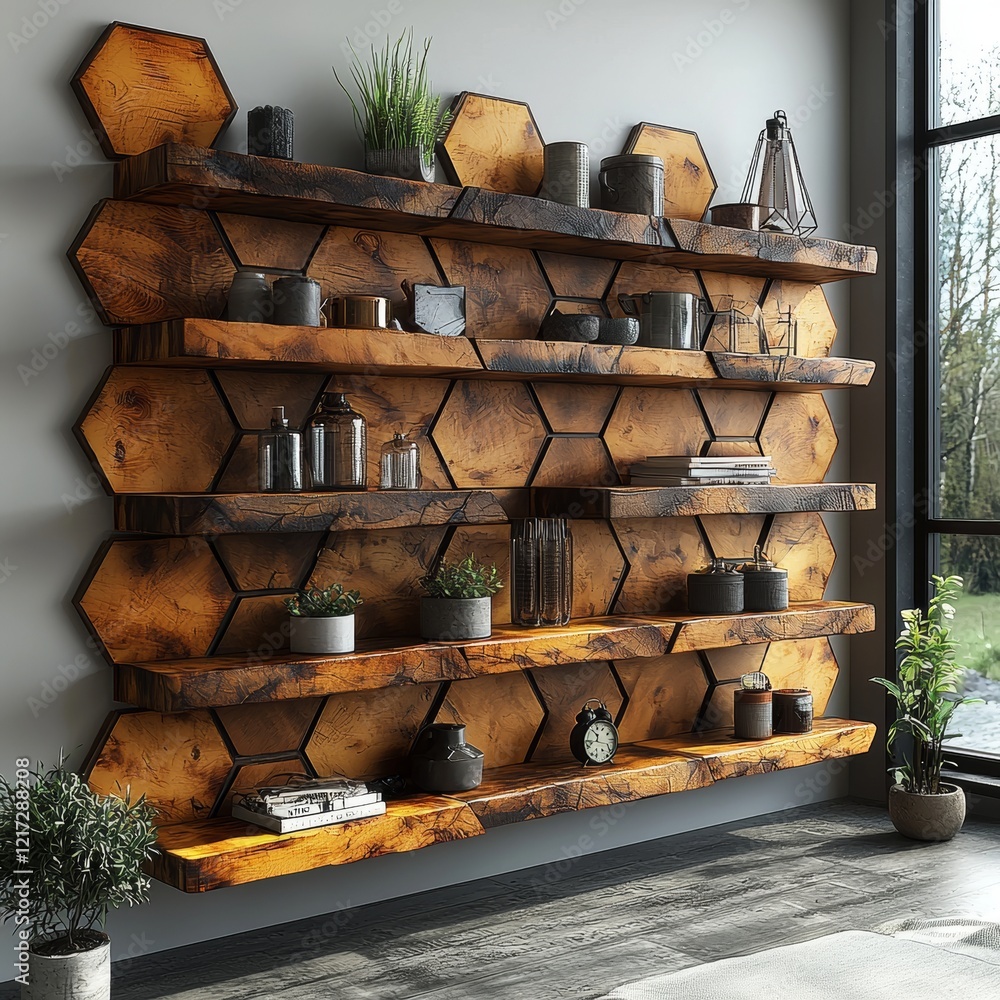 Poster a wooden hexagon shelf featuring a tiny tree, books, and toys in a space for copying with a mock-up