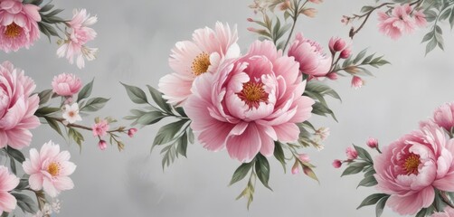 Watercolor peony and cherry blossom motifs against a soft gray background,  cherry blossom,  garden flowers,  gray