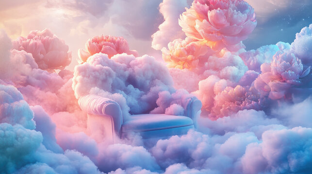 A whimsical armchair made entirely of soft pastel clouds and floating in a surreal dreamscape with candy-colored skies and giant, glowing flowers in the background. Gentle iridescent light shimmers ac