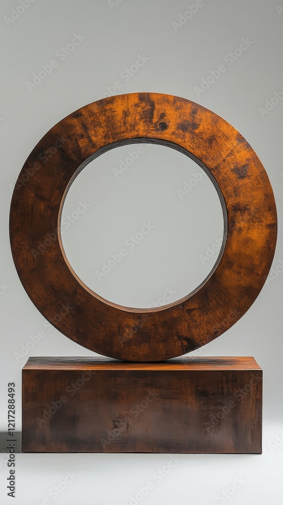 Poster unique wooden circular sculpture on display with natural patterns and a sturdy base