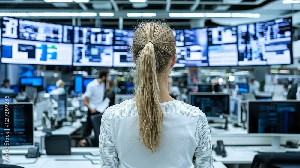 Poster woman analyzing data modern data center digital workspace technology environment back view insightfu