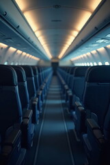 Inside an airplane with rows of seats