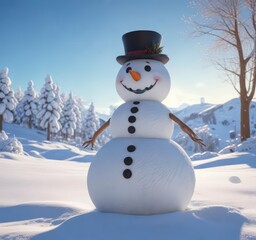 Obraz premium Winter snow landscape with happy snowman in scenic surroundings, set against a blue sky background, wintry scene, frosty delight, serene landscape