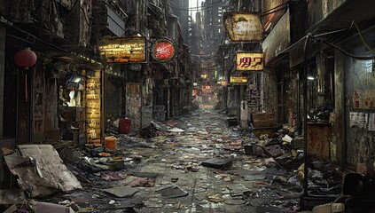 Obraz premium A cyberpunk alleyway in an old Asian city, at night, with neon signs and trash on the ground