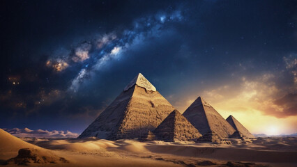 Ancient Egypt as you witness the grandeur and beauty of the pyramids and a splendid starry night sky with the cosmic universe.