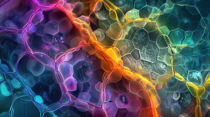 A vibrant, colorful abstract representation of interconnected cells, showcasing intricate patterns and textures in a microscopic view.