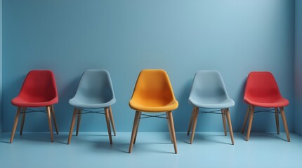 Obraz premium Colorful Modern Chairs Arranged Against Light Blue Background for Interior Design Concepts
