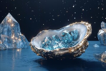 Fototapeta premium Magical Crystal Geode with Blue Gems in Oyster. Ethereal Night Sky with Ice Formations and Starlight