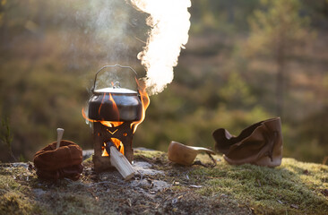 Boiling kettle over a firebox  in the forest