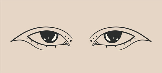 Creative makeup. Beautiful female eyes with fancy arrows. Cartoon eyes. Hand drawn illustration. Logo template, beauty and fashion. Modern makeup.