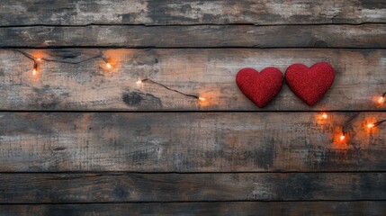 Fototapeta premium Love Illuminated: A Romantic Arrangement of Two Heart-Shaped Ornaments, Adorned with Twinkling Lights, Creating a Magical and Intimate Atmosphere.