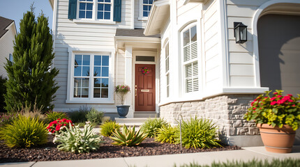Dream House Exterior: Stunning Curb Appeal with Landscaped Garden and Brick Accents