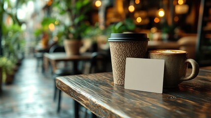 Blank Business Card Mockup Leaning Against Ceramic Cup on Table