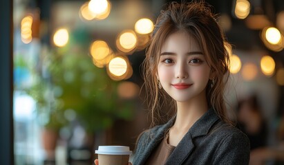 An attractive Japanese or Chinese woman student studies online, communicating via PC