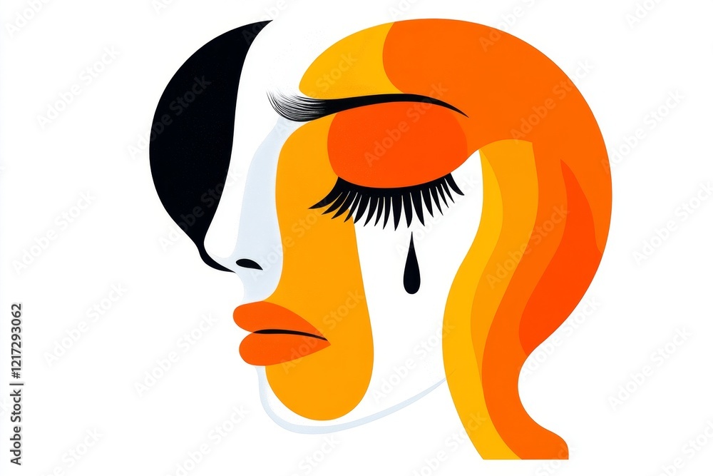 Poster a minimalist illustration of a face with furrowed brows and a single tear, drawn in bold, simple lin