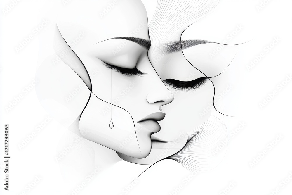 Aufkleber a minimalist illustration of a face with furrowed brows and a single tear, drawn in bold, simple lin