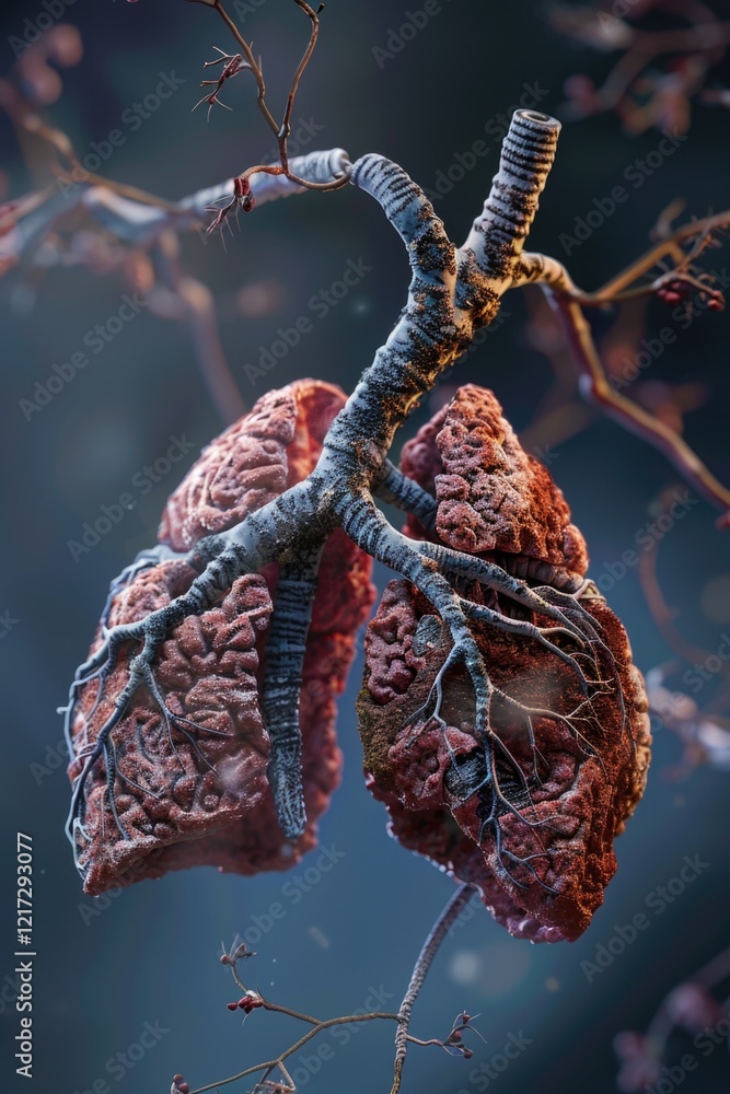 Poster a close up of a pair of lungs with a branch in the background. concept of fragility and vulnerabilit