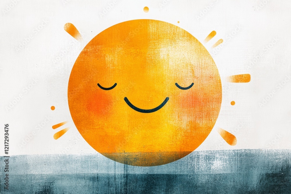Poster a minimalist illustration of a smiling sun with soft rays extending outward, drawn in bright yellow 