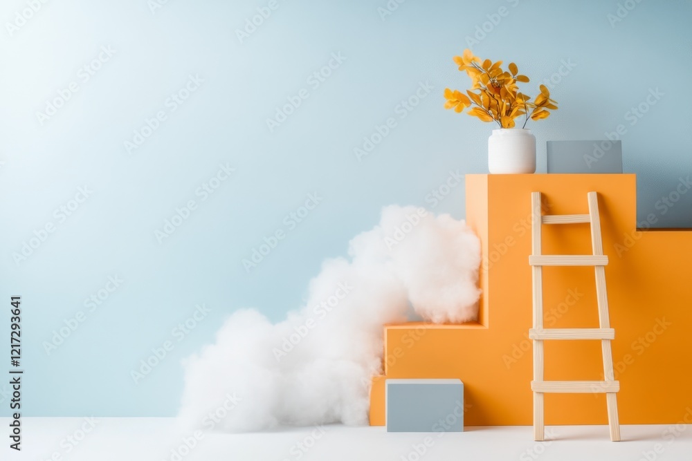 Poster a minimalist representation of a ladder reaching toward the clouds, with clean geometric shapes and 